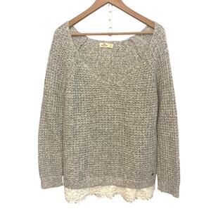 Hollister Gray Knit Lace Trim Scoop Neck Long Sleeve Pull Over Cozy Fall Sweater